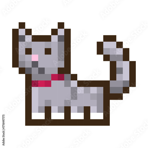 Pixel Art Gray Cat with Pink Collar A Cute 8-bit Graphic Illustration