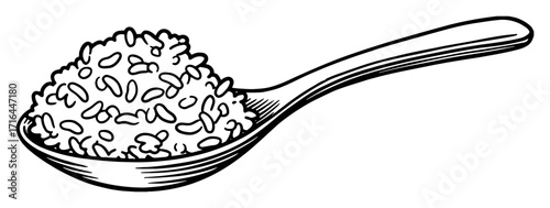 Cooked Rice on Spoon Full Shot Black and White Outline Line Art Drawing Hand Drawn Vintage Engraving