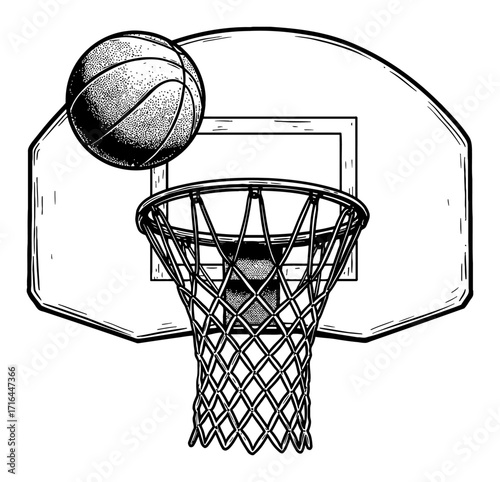 A Dynamic Basketball Hoop with Ball Flying Above the Net Black and White Outline Line Art Drawing