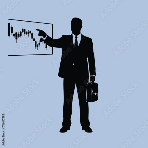Silhouette of a businessman in a suit holding a briefcase and pointing at a declining stock market chart on a board