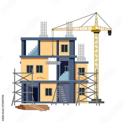 Construction of a multi-story building with crane and scaffolding on white background