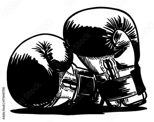 Boxing Gloves Pair Vintage Black and White Outline Line Art Drawing Isolated Old Retro Design