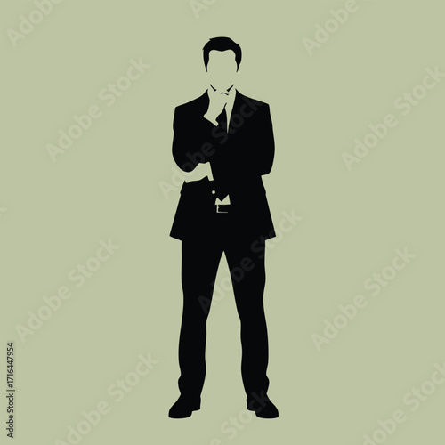 Silhouette of a confident businessman standing with hand on chin in thoughtful pose against plain background