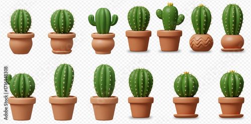 Collection of various cartoon cacti in terracotta pots arranged in two rows.