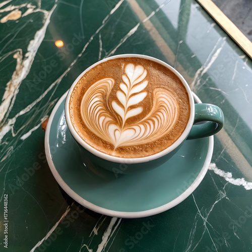 Latte Art Coffee: A meticulously crafted latte boasts intricate latte art, delicately displayed in a charming turquoise cup and saucer. The coffee is presented on a captivating green marble surface.