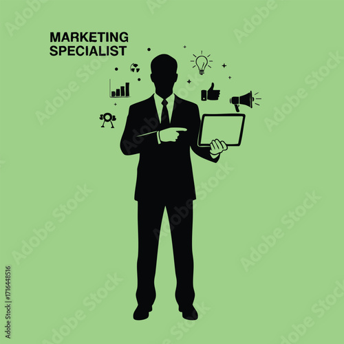 Silhouette of a professional marketing specialist holding a tablet with business icons on a green background
