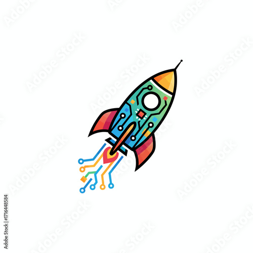 A stylized logo of a rocket with an internal circuit board design.