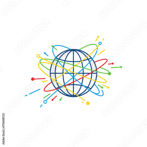 A globe with scattered, dynamic lines and dots orbiting it, representing fast global network connections and data.