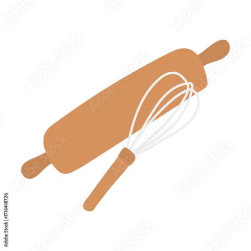 Essential culinary tools for baking, a wooden rolling pin and whisk