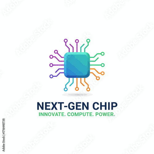 A vibrant, abstract chip logo. Text says "Next-Gen Chip" and "Innovate. Compute. Power."