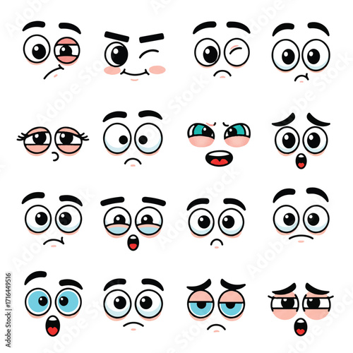 Humorous cartoon eyes, showcasing various blinking expressions, are featured in a vibrant 2D flat vector illustration style on a plain white background, radiating playfulness.