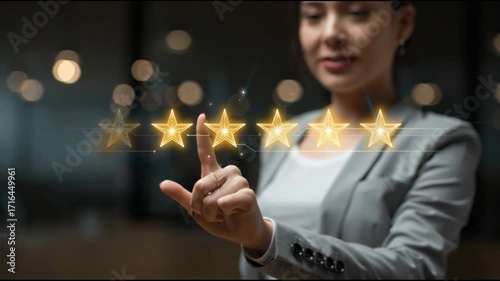 Professional pointing submits a positive testimonial via a AI review screen, star icons and user-friendly design elements emphasize ease of use and genuine customer approval.