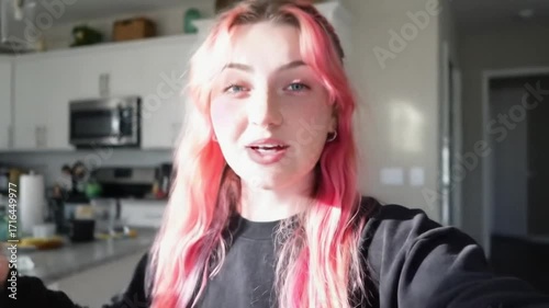 Young person talking kitchen interior