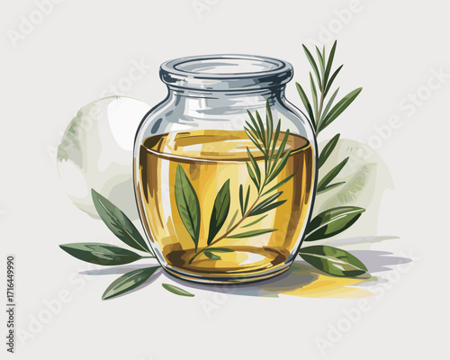Watercolor illustration of a glass jar filled with golden oil and fresh green herbs