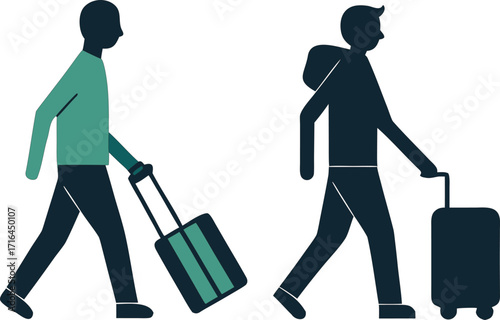 Two silhouettes of people walking with luggage and backpacks