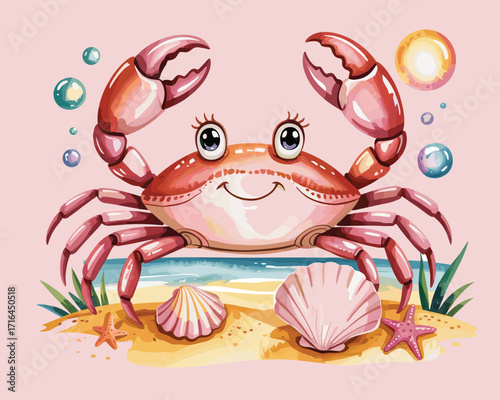 Happy Watercolor Crab on a Sandy Beach with Seashells and Bubbles