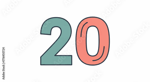 Modern graphic number twenty in pastel colors and clean outlines, ideal for digital projects, ages, or anniversaries