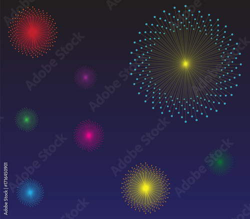 Colorful fireworks explode against a dark blue background in a festive celebration