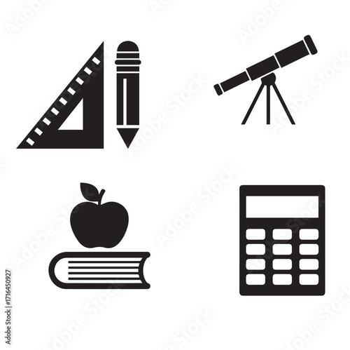 Education icons vector. School sign and symbol. Calculator, ruler, pencil and apple