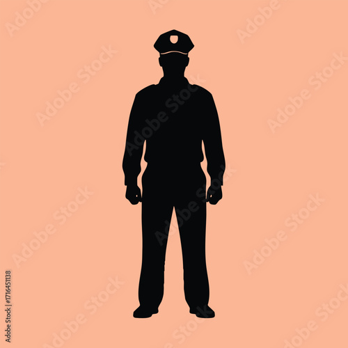 Silhouette of a standing police officer wearing a uniform and cap against a plain background