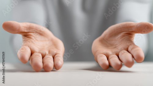 Person with open hands showing welcoming gesture of support and care. concept of giving and receiving help, with empty palms facing up on desk. minimal and sincere pose