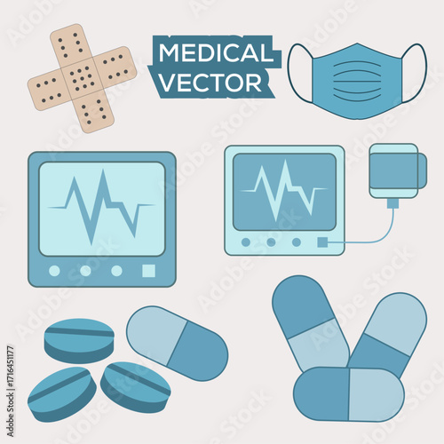 Medical and Healthcare Vector Icons Pack – Pills, Capsules, Bandages, Face Mask, Heartbeat Monitor, Hospital Equipment Set
