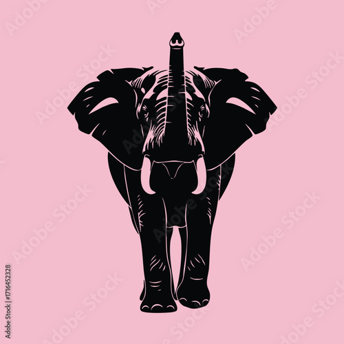 Front view of a black silhouette elephant with raised trunk on a solid pink background in minimal style