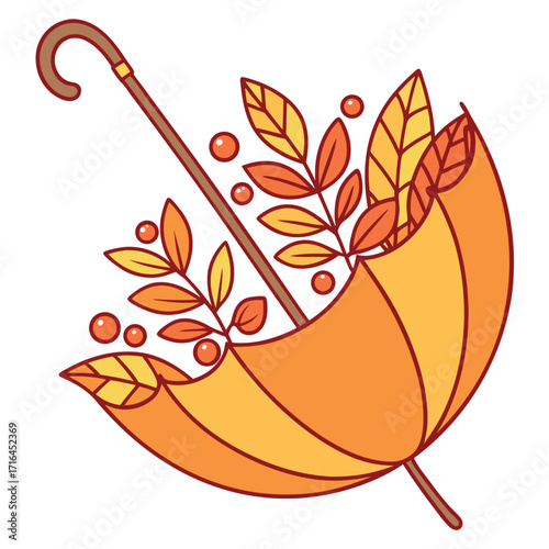 Autumnal charm displays an open umbrella with leaves and berries against a transparent backdrop