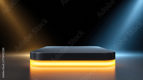 Elegant square podium stage with neon light glow. modern platform with dramatic spotlight on black background, creating futuristic and minimal scene for product display