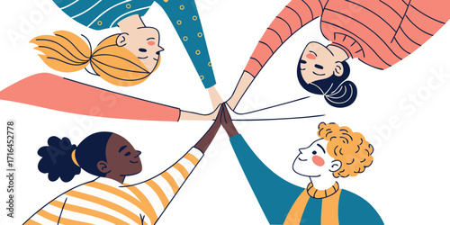Diverse group of friends celebrating unity with high five gesture, expressing teamwork and support in a vibrant style