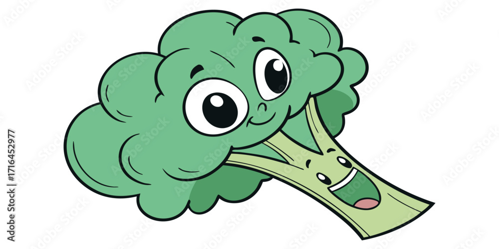 Obraz premium Smiling cartoon broccoli character with happy expression, cheerful healthy food icon for kids, fun vegetable