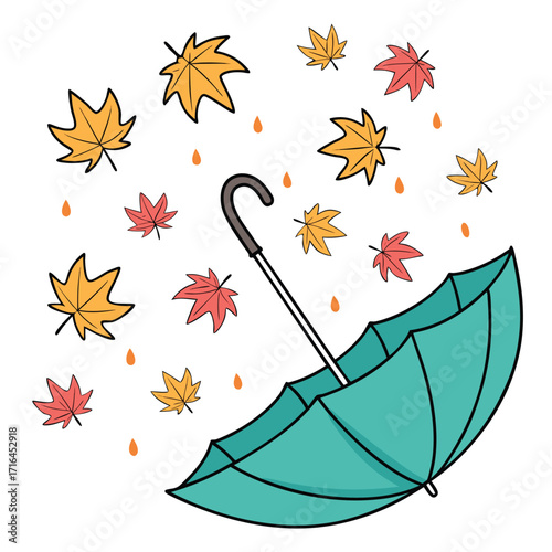 Cartoon umbrella and falling maple leaves an autumn rain shower with a transparent background