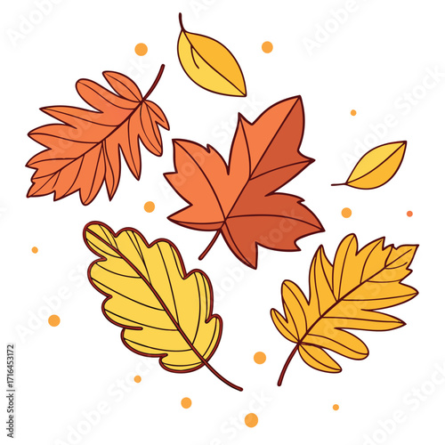 Group of autumnal leaves in yellow and orange are beautifully scattered on transparent background