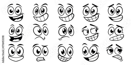 Expressive cartoon faces showcasing various emotions: joy, anger, sadness, surprise for creative designs