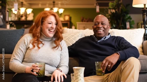 Couple relaxing on sofa with drinks