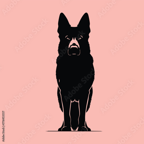 Silhouette of a large attentive dog standing upright against a solid pastel pink background in minimal style