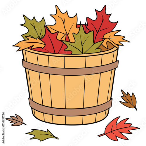 Rustic wooden pail overflows with bright red, orange, and green fall leaves