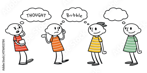 Four stick figures pondering thoughts and ideas with speech bubbles, great for brainstorming and concepts