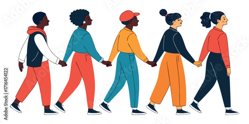 Diverse group of friends walking together holding hands, representing unity, community, and togetherness