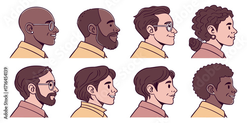 Diverse smiling faces in profile view, showcasing inclusivity and modern portrait illustrations for design needs