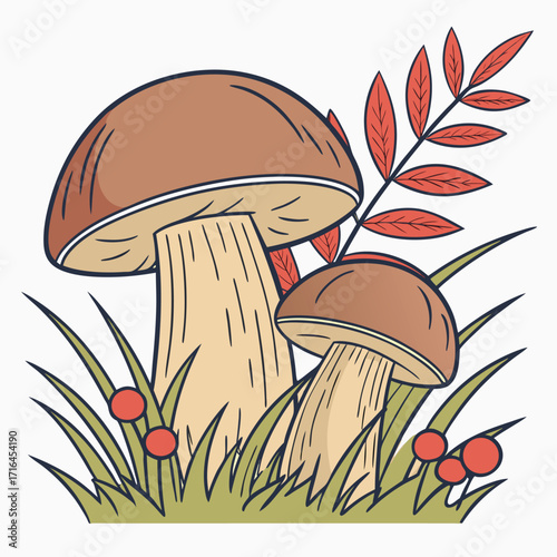 Two brown mushrooms nestle among grass, berries, and autumnal leaves on a transparent background