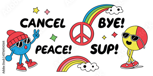 Cool cartoon characters spreading positive vibes with peace signs, rainbows, and playful greetings for fun times