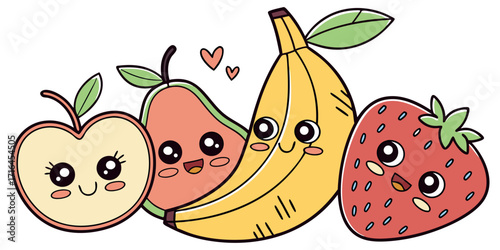 Cheerful cartoon fruit characters smiling happily perfect for healthy eating, kids projects, and joyful designs