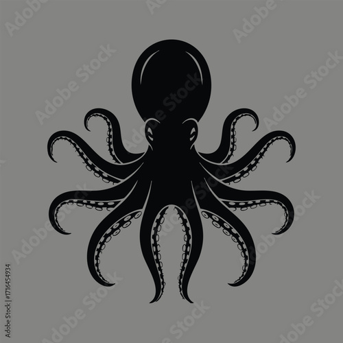 Black silhouette of an octopus with detailed tentacles and suction cups on a plain gray background