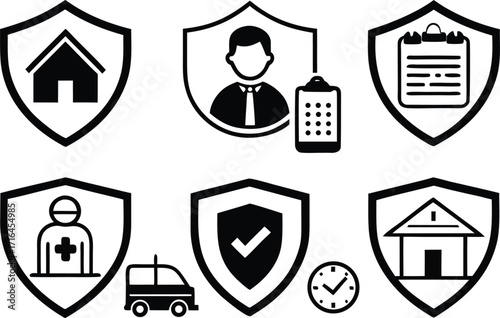 Set of shield icons representing different types of protection and security