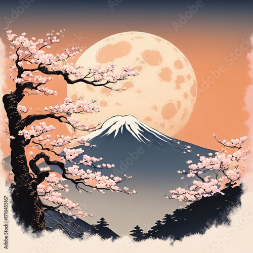 Cherry Blossoms and Fuji under the Moon