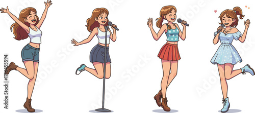 Anime girl singer cartoon character illustration, holding microphone, performing on stage, cute female idol singing, music performance art clipart