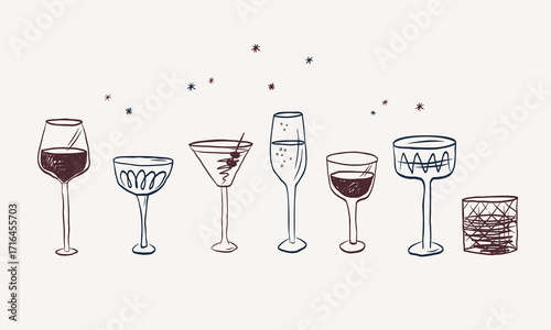 Glasses with alcoholic drinks doodle. Sketch of wine, champagne, cocktails, martinis, rum, whiskey, vodka on isolated background. Drinking party, New Year's, celebration, bar. Vector illustration