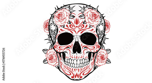 Skull with Roses and Thorns: Intricate Tattoo Design with Red Floral Accents, Detailed Lines, and Bold Contrast, Day of the Dead Inspired. tattoo design Adobe Illustrator Artwork 