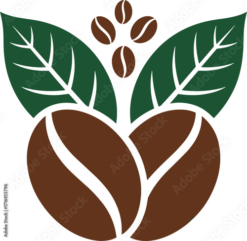 Coffee bean logo organic, stylized, green leaves, brown beans.